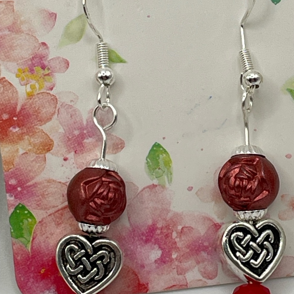 Sterling Silver Celtic and Red Rose Earrings